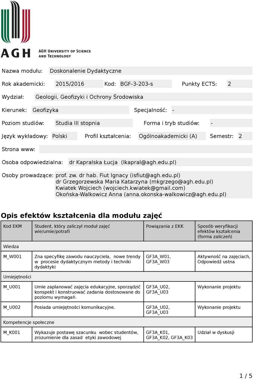 pl) Osoby prowadzące: prof. zw. dr hab. Fiut Ignacy (isfiut@agh.edu.pl) dr Grzegorzewska Maria Katarzyna (mkgrzego@agh.edu.pl) Kwiatek Wojciech (wojciech.kwiatek@gmail.
