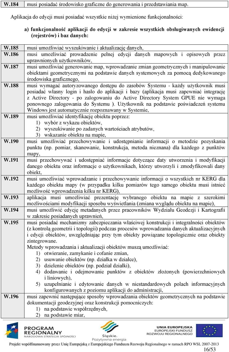 185 musi umożliwiać wyszukiwanie i aktualizację danych, W.186 musi umożliwiać prowadzenie pełnej edycji danych mapowych i opisowych przez uprawnionych użytkowników, W.