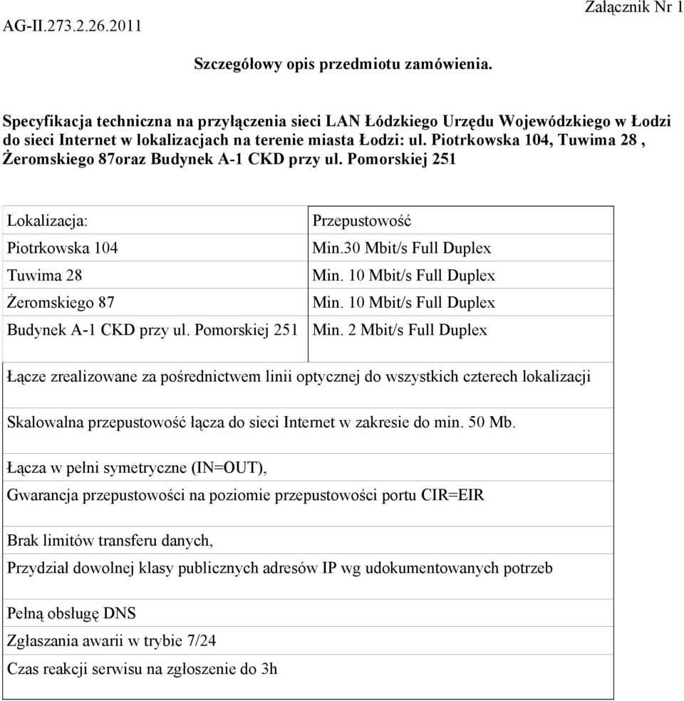 Piotrkowska 104, Tuwima 28, Żeromskiego 87oraz Budynek A-1 CKD przy ul. Pomorskiej 251 Lokalizacja: Przepustowość Piotrkowska 104 Min.30 Mbit/s Full Duplex Tuwima 28 Min.