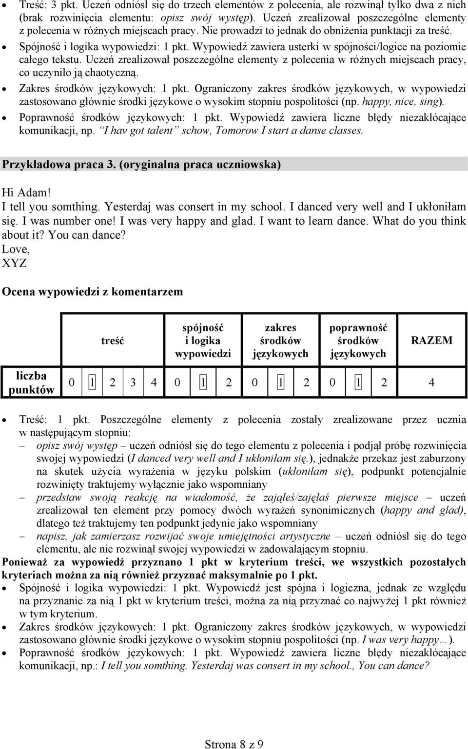 Wypowiedź zawiera usterki w spójności/logice na poziomie całego tekstu. Uczeń zrealizował poszczególne elementy z polecenia w różnych miejscach pracy, co uczyniło ją chaotyczną. Zakres : 1 pkt.