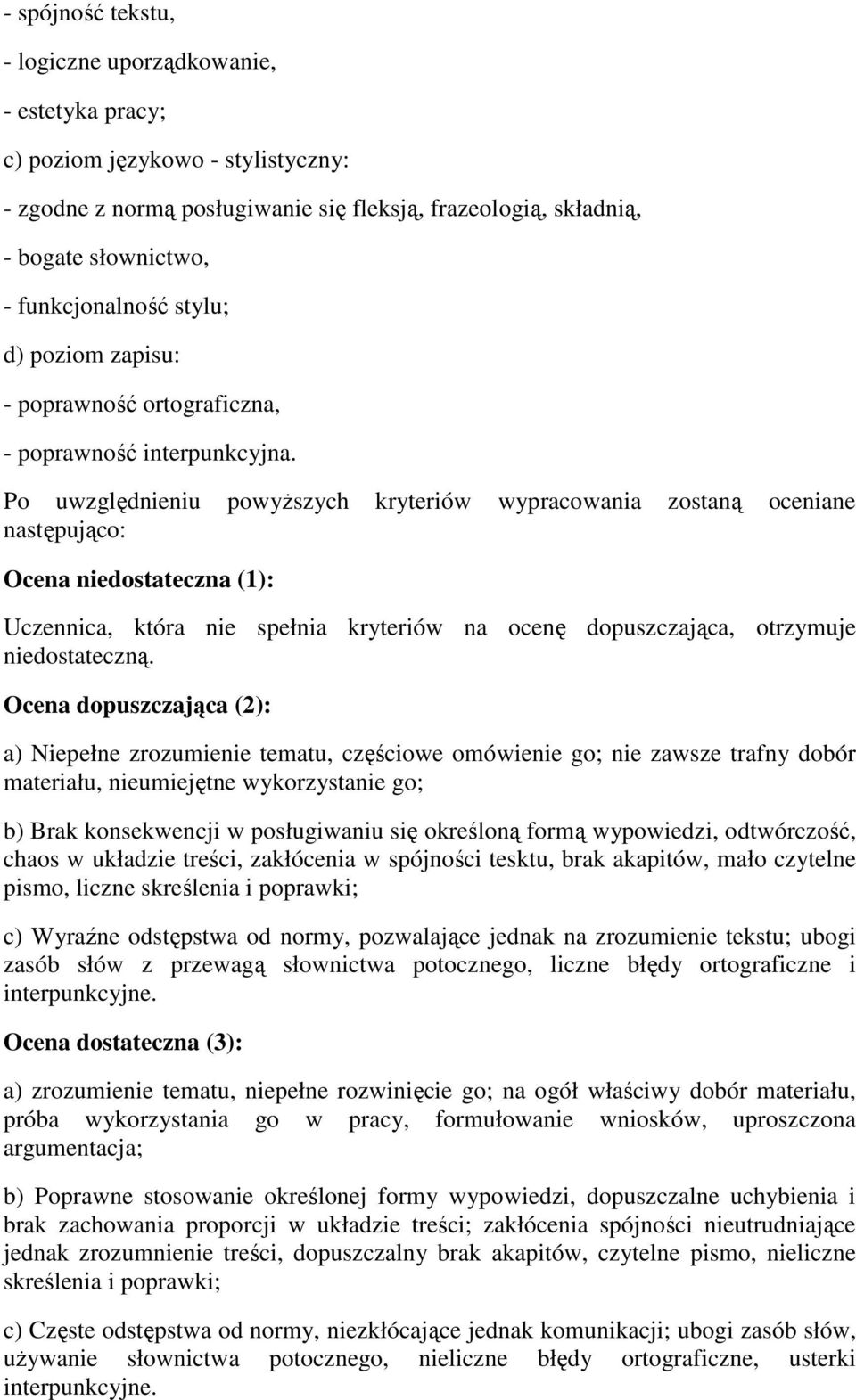 Po uwzględnieniu powyższych kryteriów wypracowania zostaną oceniane następująco: Ocena niedostateczna (1): Uczennica, która nie spełnia kryteriów na ocenę dopuszczająca, otrzymuje niedostateczną.