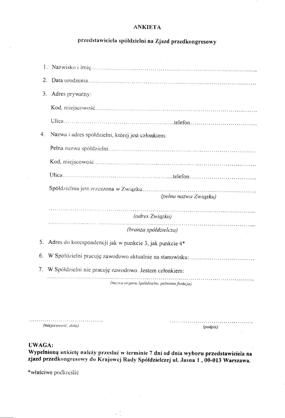 ..... Sp6ldziclnia.jest /.t 1.cszona w Zwiilzku.........telefbrr... (pelna nazwu Zu, iqzk (niejs.o\t o;a & (1.