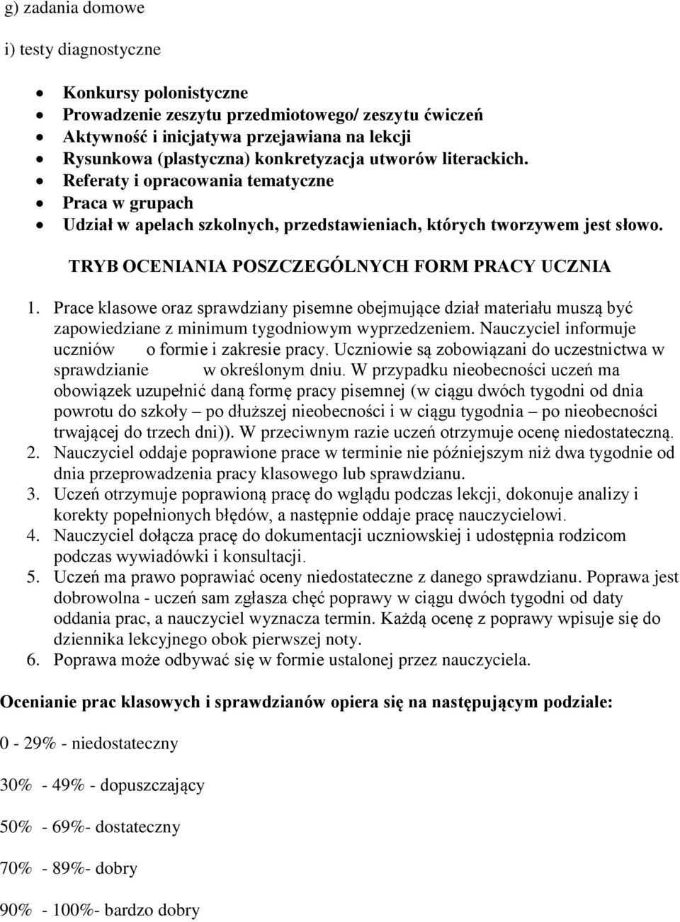 Prace klasowe oraz sprawdziany pisemne obejmujące dział materiału muszą być zapowiedziane z minimum tygodniowym wyprzedzeniem. Nauczyciel informuje uczniów o formie i zakresie pracy.