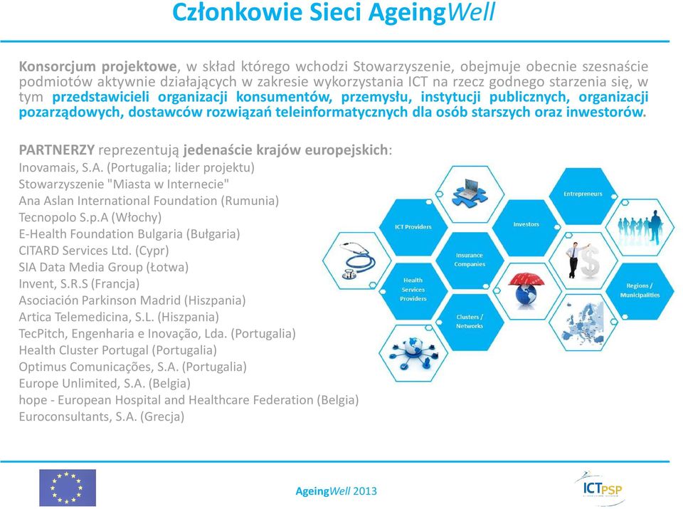 PARTNERZY reprezentują jedenaście krajów europejskich: Inovamais, S.A.(Portugalia; lider projektu) Stowarzyszenie"Miasta w Internecie" Ana Aslan International Foundation(Rumunia) Tecnopolo S.p.A(Włochy) E-Health Foundation Bulgaria(Bułgaria) CITARD Services Ltd.