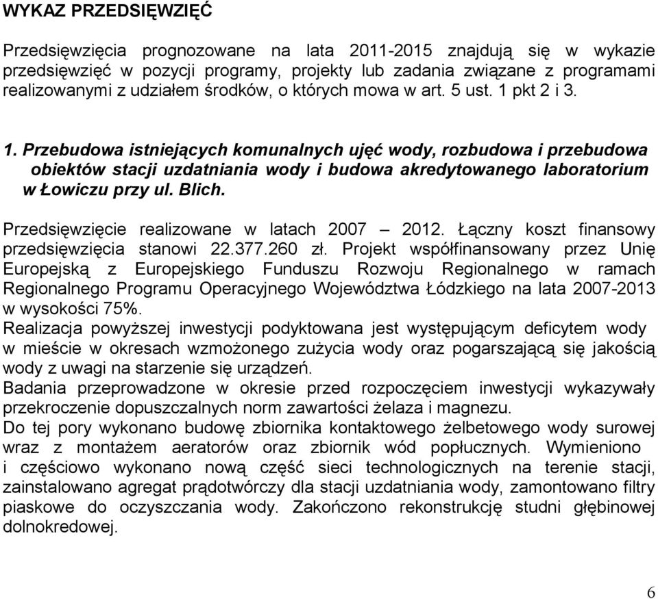 Blich. Przedsięwzięcie realizowane w latach 2007 2012. Łączny koszt finansowy przedsięwzięcia stanowi 22.377.260 zł.