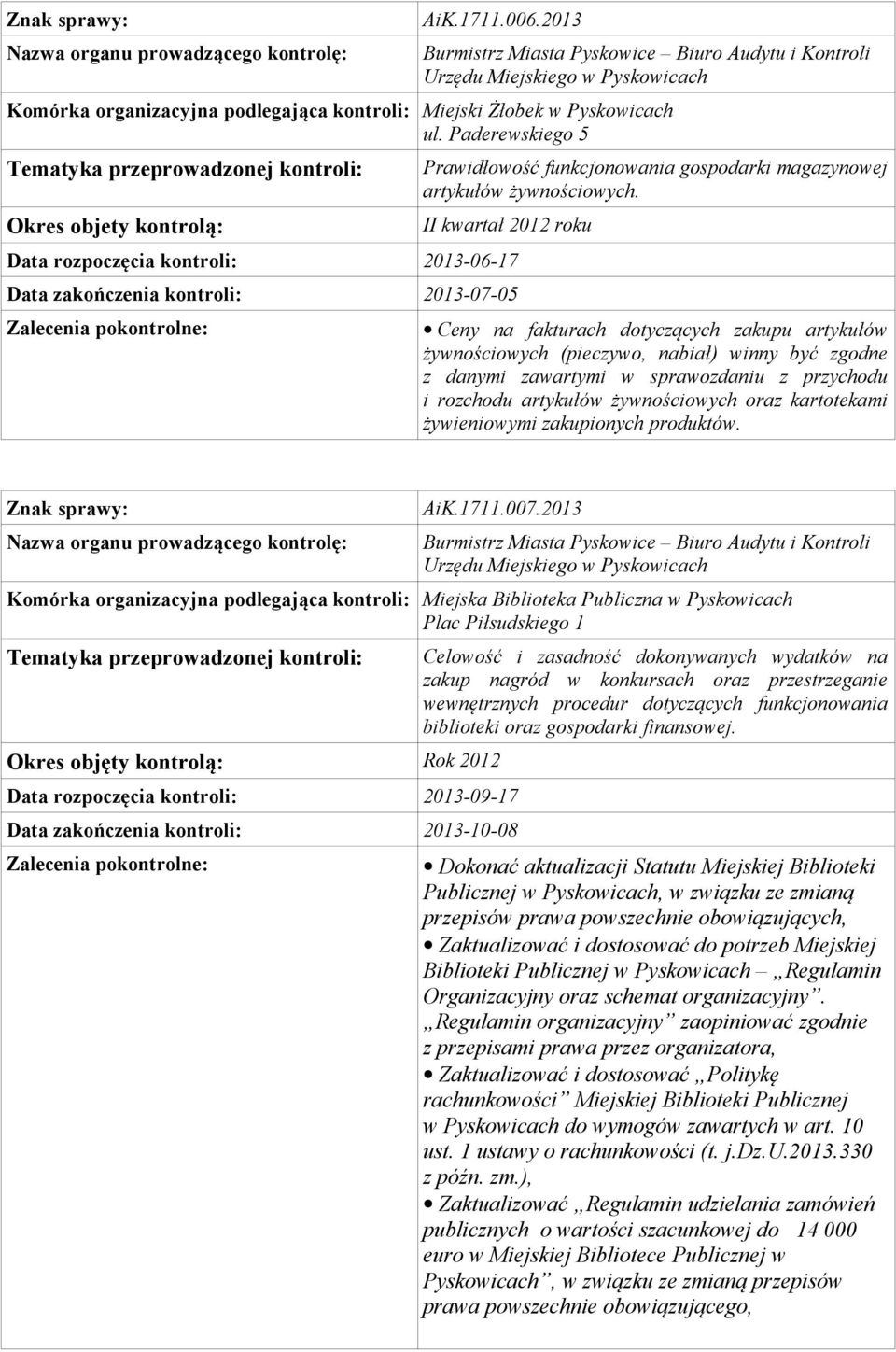 II kwartał 2012 roku Data rozpoczęcia kontroli: 2013-06-17 Data zakończenia kontroli: 2013-07-05 Ceny na fakturach dotyczących zakupu artykułów żywnościowych (pieczywo, nabiał) winny być zgodne z