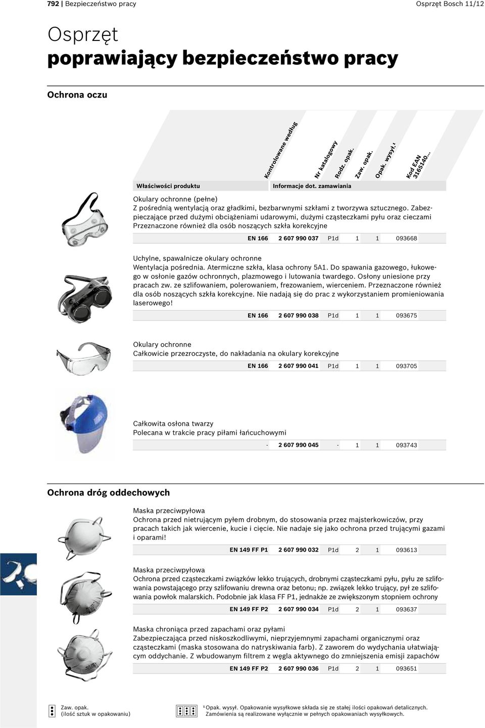 Zabezpieczające przed dużymi obciążeniami udarowymi, dużymi cząsteczkami pyłu oraz cieczami Przeznaczone również dla osób noszących szkła korekcyjne EN 166 2 607 990 037 P1d 1 1 093668 Uchylne,