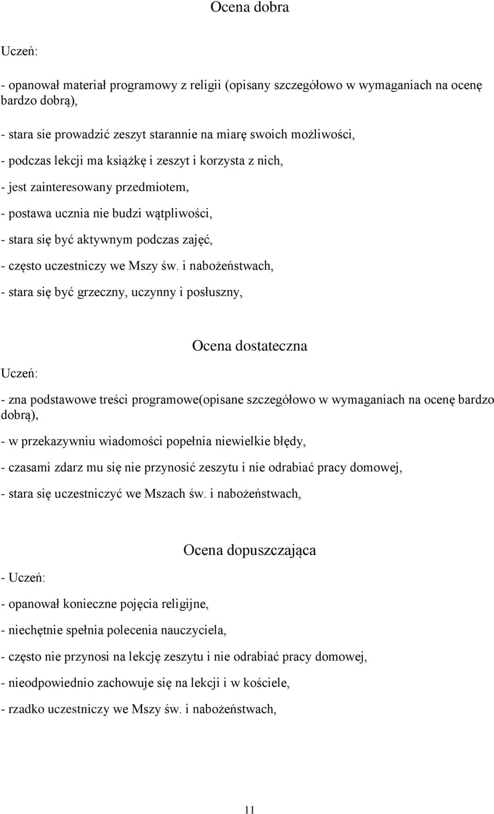 i nabożeństwach, - stara się być grzeczny, uczynny i posłuszny, Ocena dostateczna - zna podstawowe treści programowe(opisane szczegółowo w wymaganiach na ocenę bardzo dobrą), - w przekazywniu