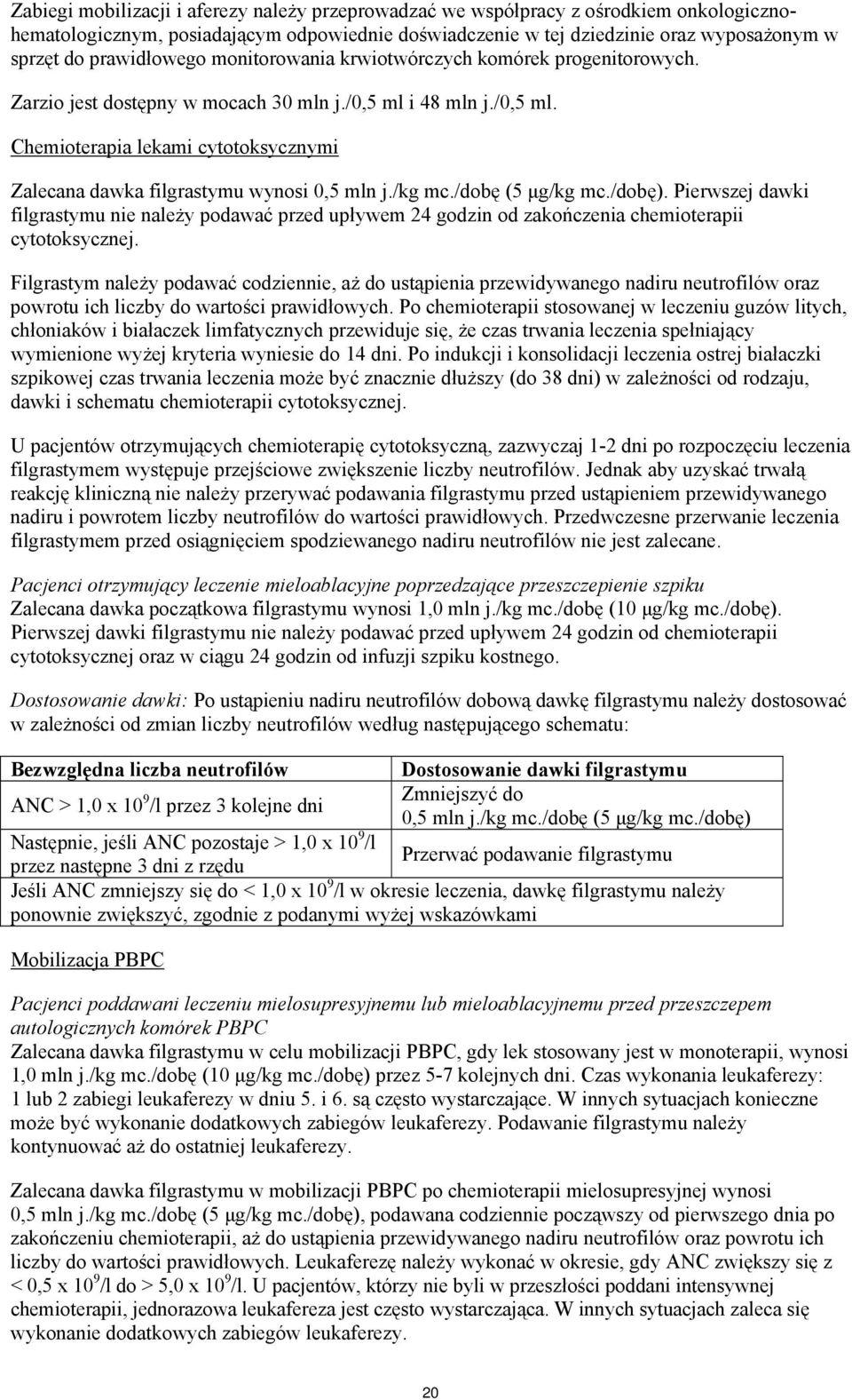 /kg mc./dobę (5 μg/kg mc./dobę). Pierwszej dawki filgrastymu nie należy podawać przed upływem 24 godzin od zakończenia chemioterapii cytotoksycznej.