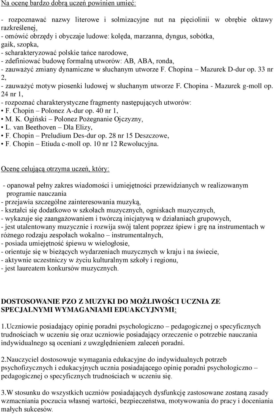 33 nr 2, - zauważyć motyw piosenki ludowej w słuchanym utworze F. Chopina - Mazurek g-moll op. 24 nr 1, - rozpoznać charakterystyczne fragmenty następujących utworów: F. Chopin Polonez A-dur op.