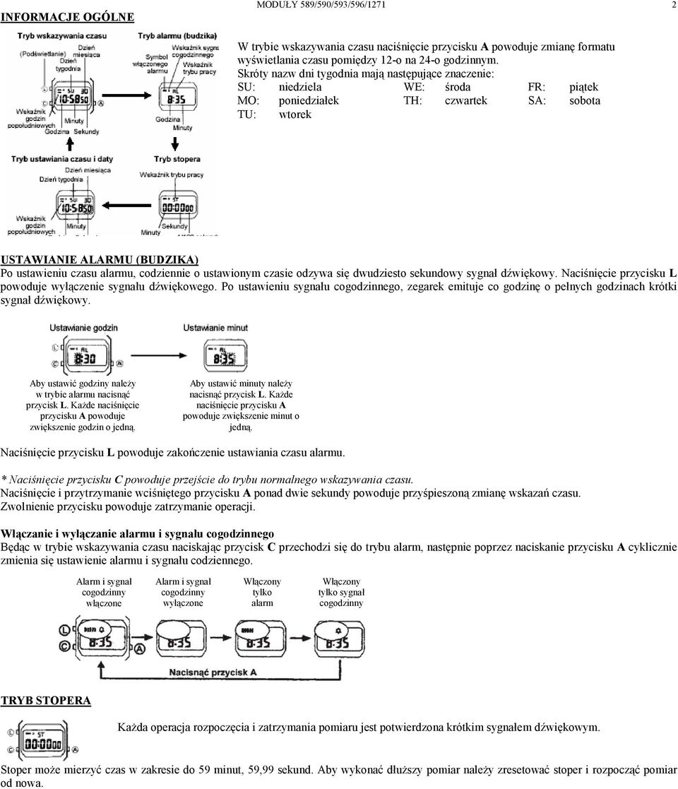 codziennie o ustawionym czasie odzywa się dwudziesto sekundowy sygnał dźwiękowy. Naciśnięcie przycisku L powoduje wyłączenie sygnału dźwiękowego.