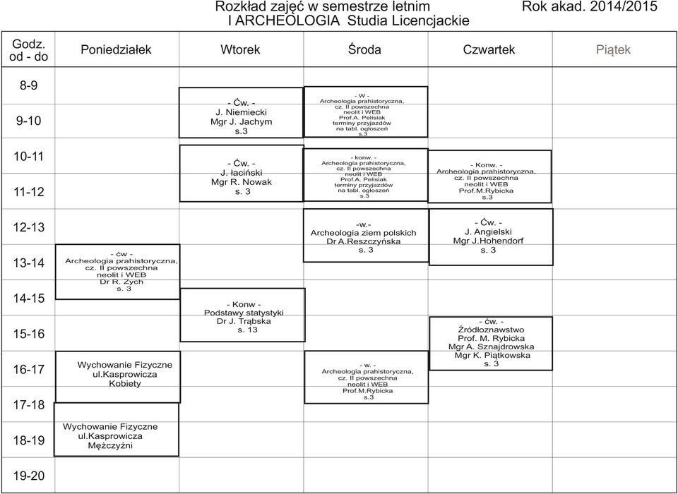 ogłoszeń -Archeologia ziem polskich Dr A.Reszczyńska -WArcheologia prahistoryczna, Prof.A. Pelisiak terminy przyjazdów na tabl. ogłoszeń Wychowanie Fizyczne ul.