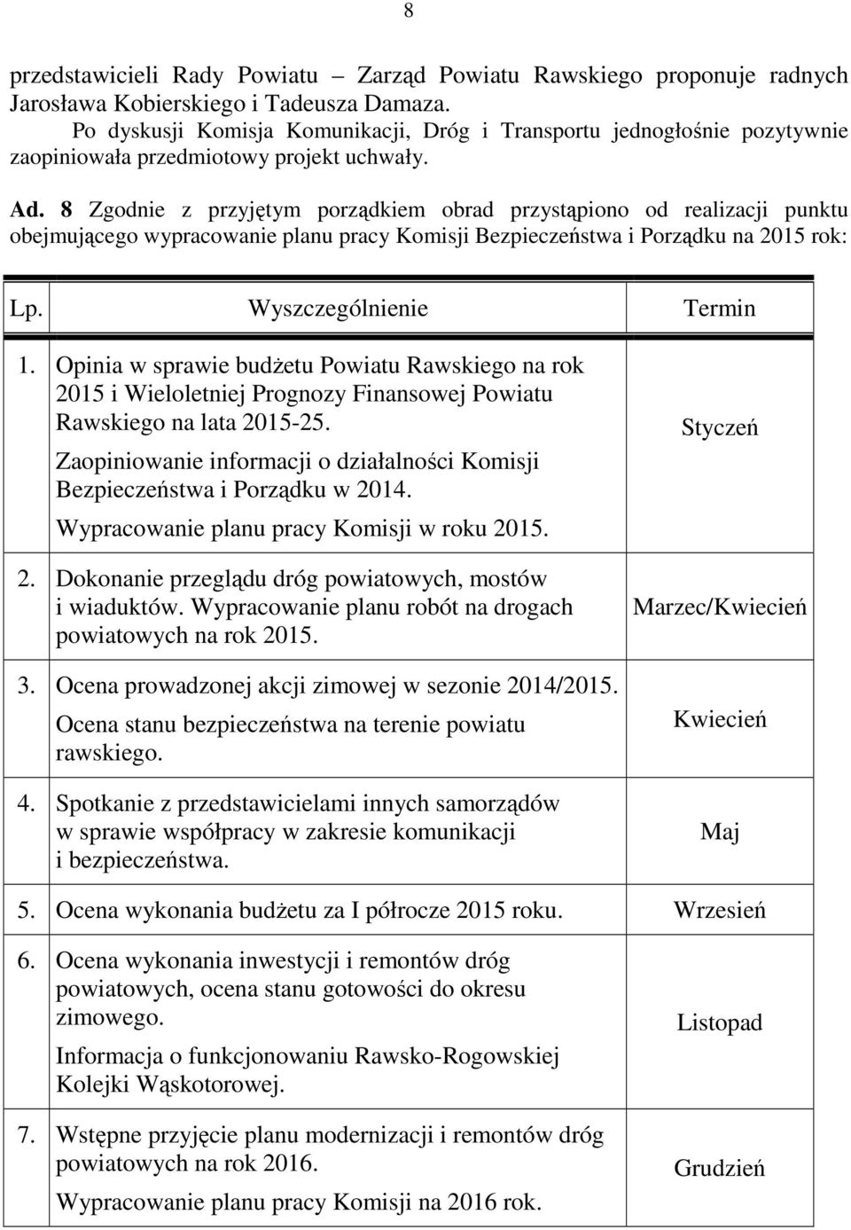 8 Zgodnie z przyjętym porządkiem obrad przystąpiono od realizacji punktu obejmującego wypracowanie planu pracy Komisji Bezpieczeństwa i Porządku na 2015 rok: Lp. Wyszczególnienie Termin 1.