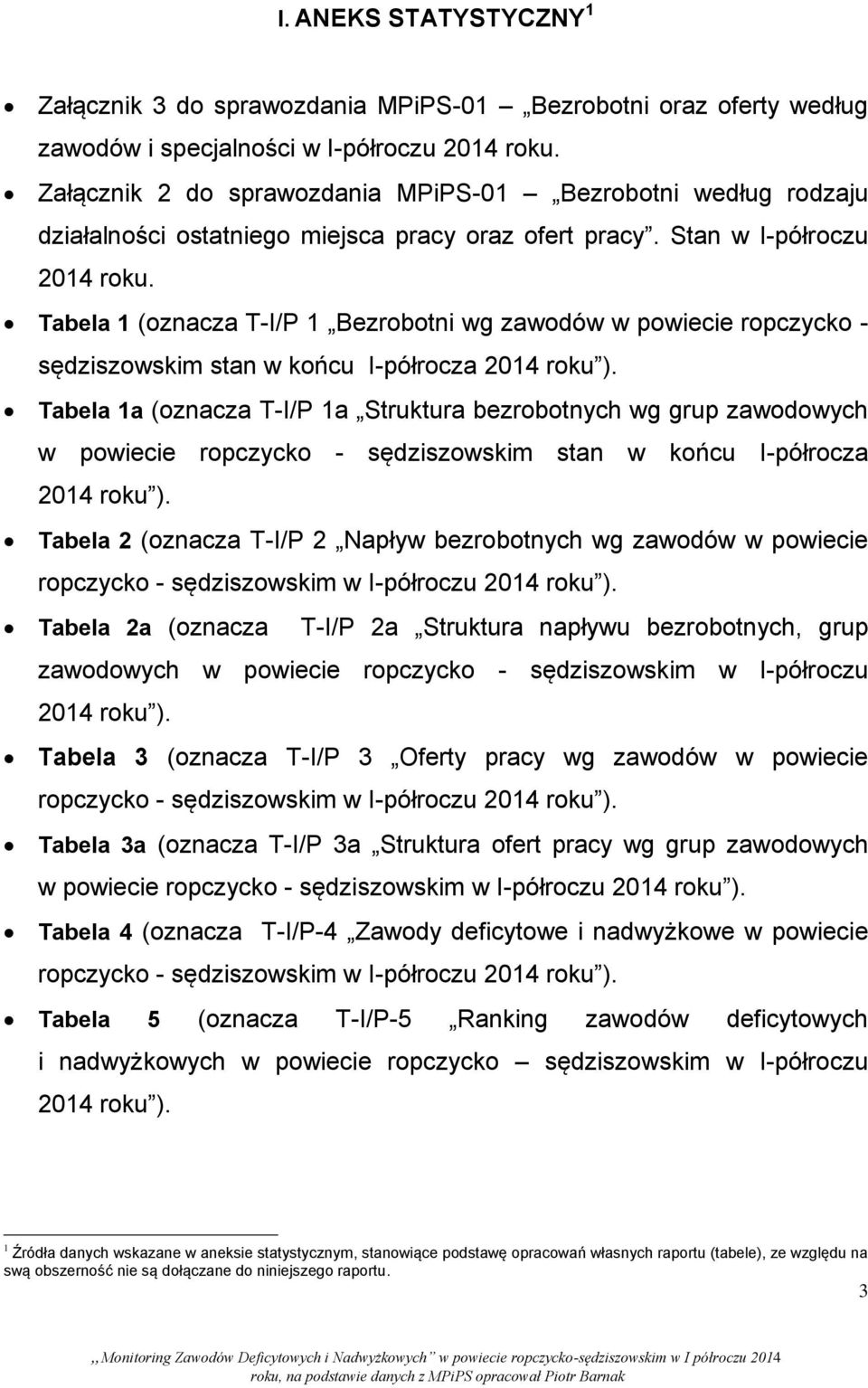 Tabela 1 (oznacza T-I/P 1 Bezrobotni wg zawodów w powiecie ropczycko - sędziszowskim stan w końcu I-półrocza 2014 roku ).