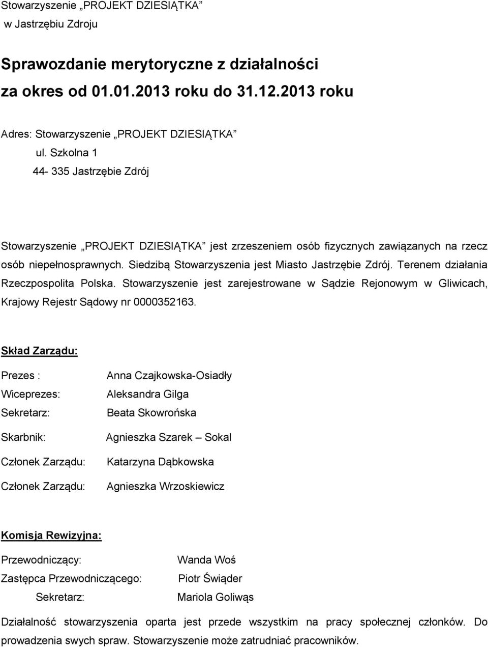 Terenem działania Rzeczpospolita Polska. Stowarzyszenie jest zarejestrowane w Sądzie Rejonowym w Gliwicach, Krajowy Rejestr Sądowy nr 0000352163.