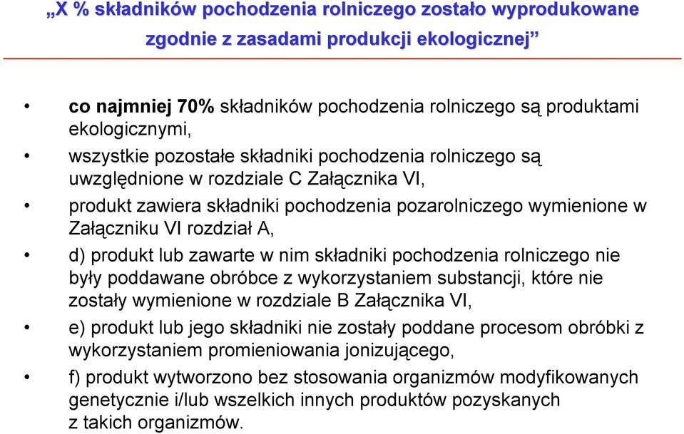 produkt lub zawarte w nim składniki pochodzenia rolniczego nie były poddawane obróbce z wykorzystaniem substancji, które nie zostały wymienione w rozdziale B Załącznika VI, e) produkt lub jego