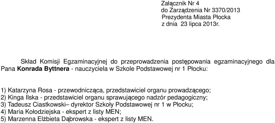 3) Tadeusz Ciastkowski dyrektor Szkoły Podstawowej nr 1 w Płocku; 4) Maria