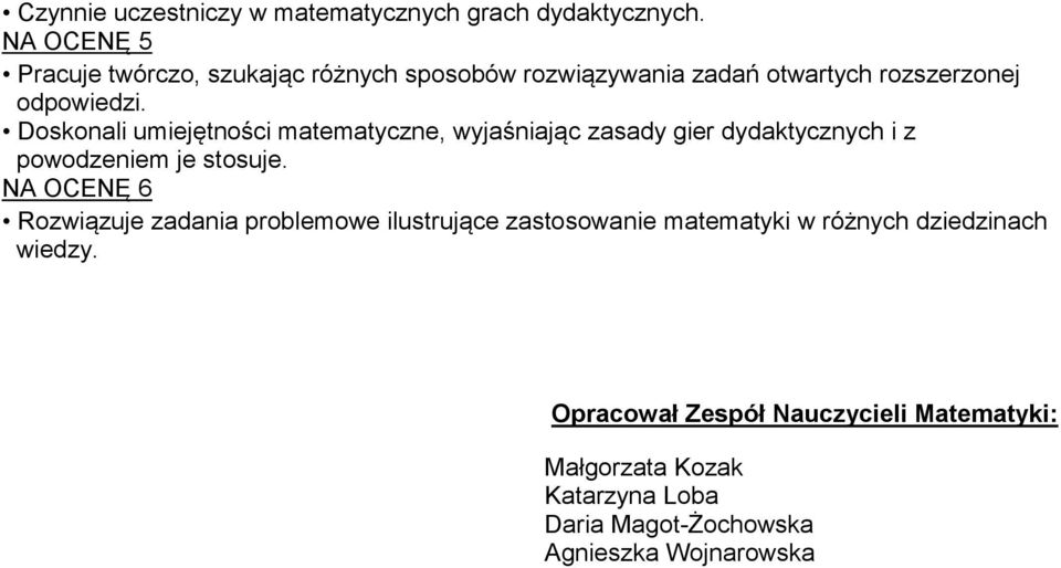 Doskonali umiejętności matematyczne, wyjaśniając zasady gier dydaktycznych i z powodzeniem je stosuje.