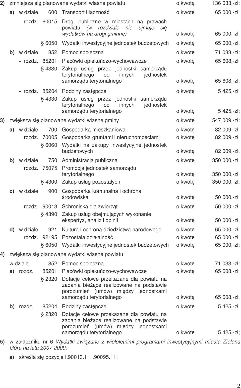 społecna o kwot 71 033,ł: rod. 85201 Placówki opiekucowychowawce o kwot 65 608,ł 4330 Zakup usług pre jednostki samordu terytorialnego od innych jednostek samordu terytorialnego o kwot 65 608,ł, rod.