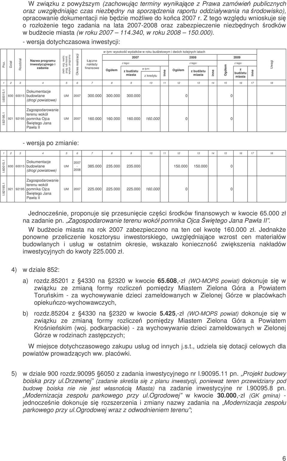wersja dotychcasowa inwestycji: wysoko wydatków w roku budetowym i dwóch kolejnych latach adania Jedn. org. reali. Łcne 2009 I.60015.1 I.92195.