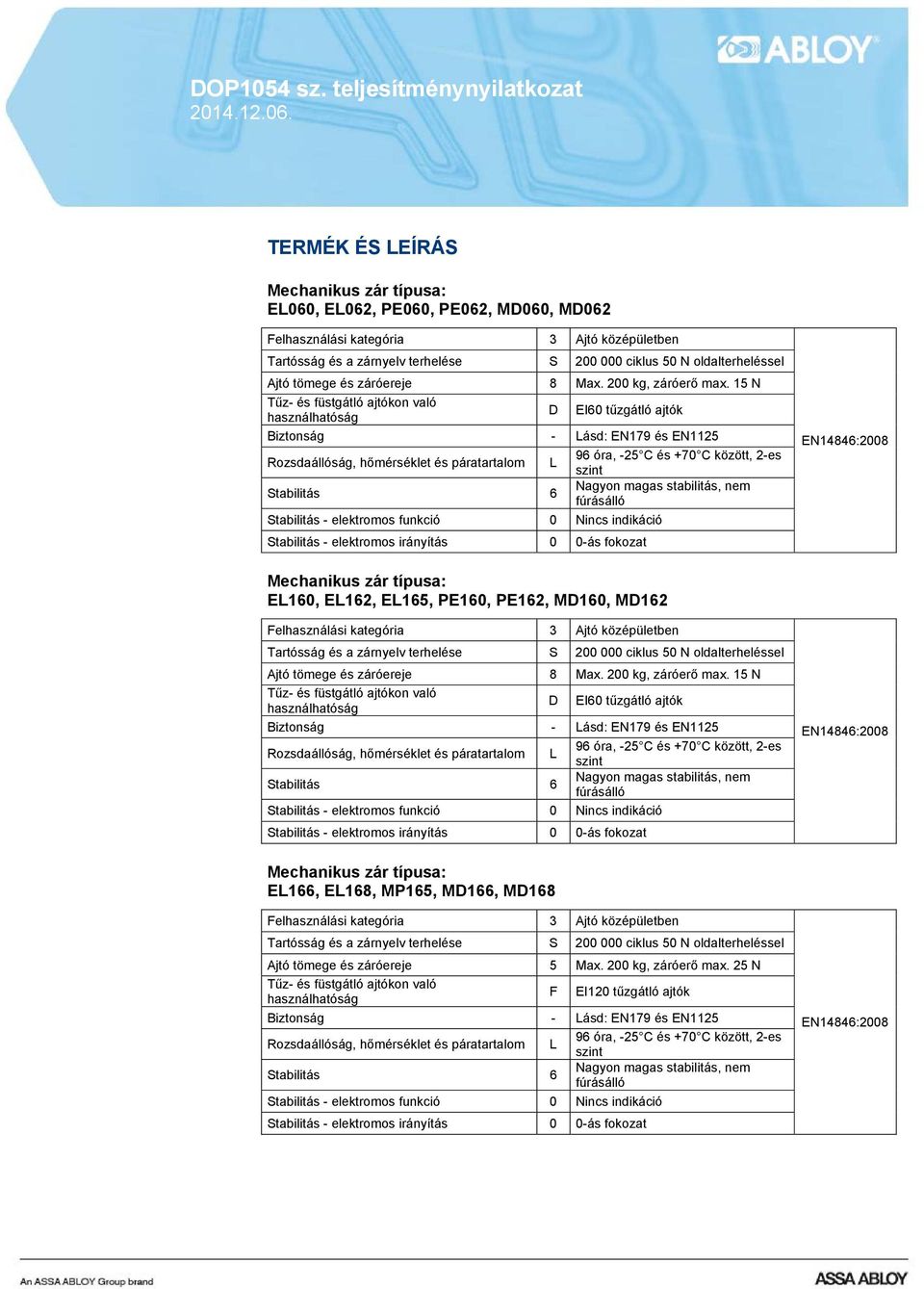 indikáció tabilitás - elektromos irányítás 0 0-ás fokozat Mechanikus zár típusa: EL1, EL18, MP15, MD1, MD18 Ajtó tömege és záróereje 5 Max.