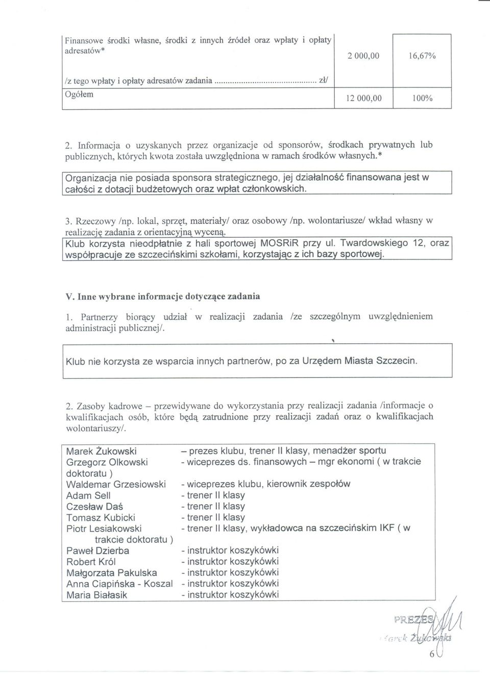 lokal, sprzet, materialy/ oraz osobowy /np. wolontariusze/ wklad wlasny w realizacje zadania z orientacyjna wycena. Klub korzysta nieodplatnie z hali sportowej MOSRiR przy ul.