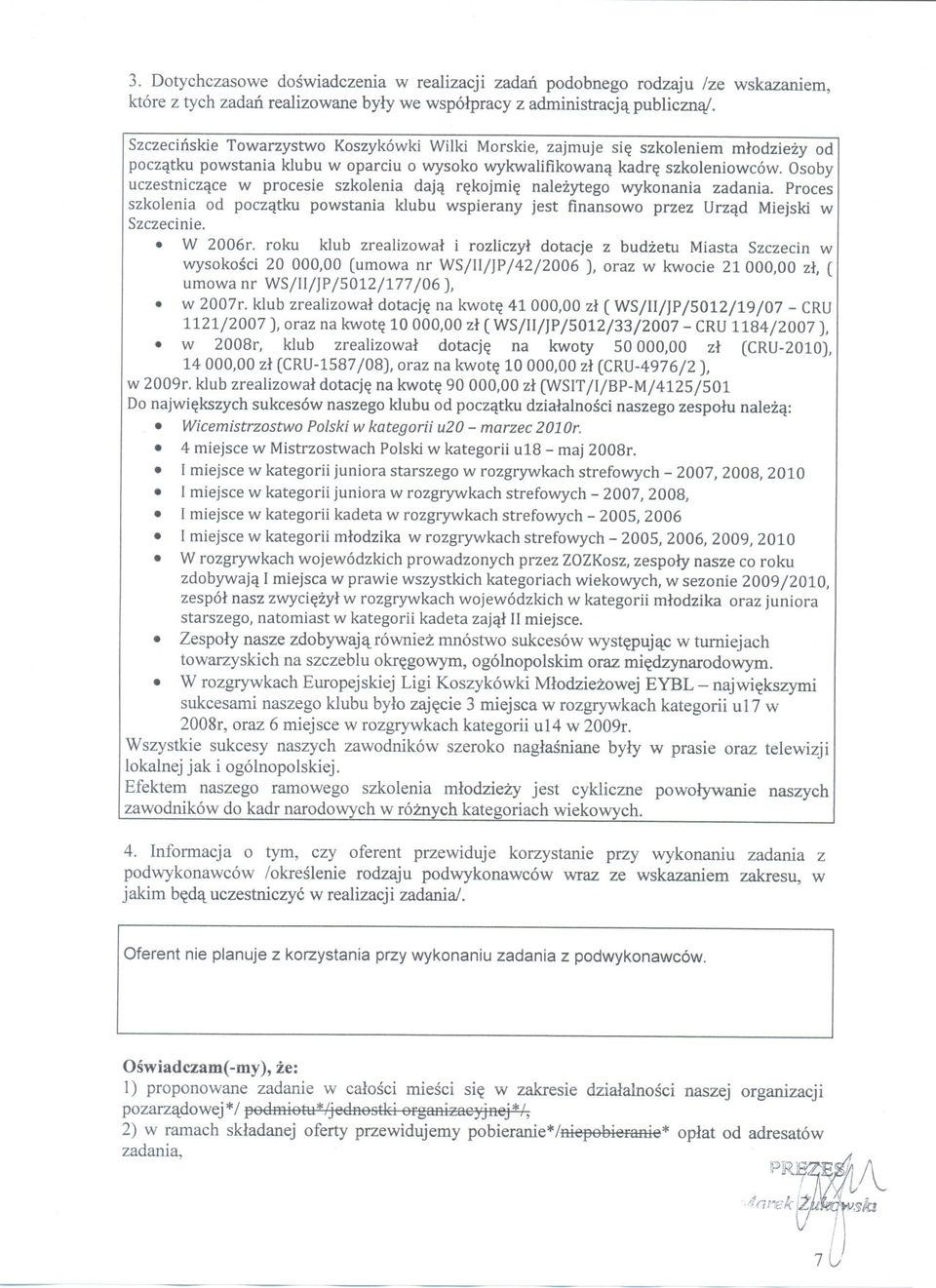 Osoby uczestniczace w procesie szkolenia daja rekojmie nalezytego wykonania zadania. Proces szkolenia od poczatku powstania klubu wspierany jest finansowo przez Urzad Miejski w Szczecinie.. W 2006r.