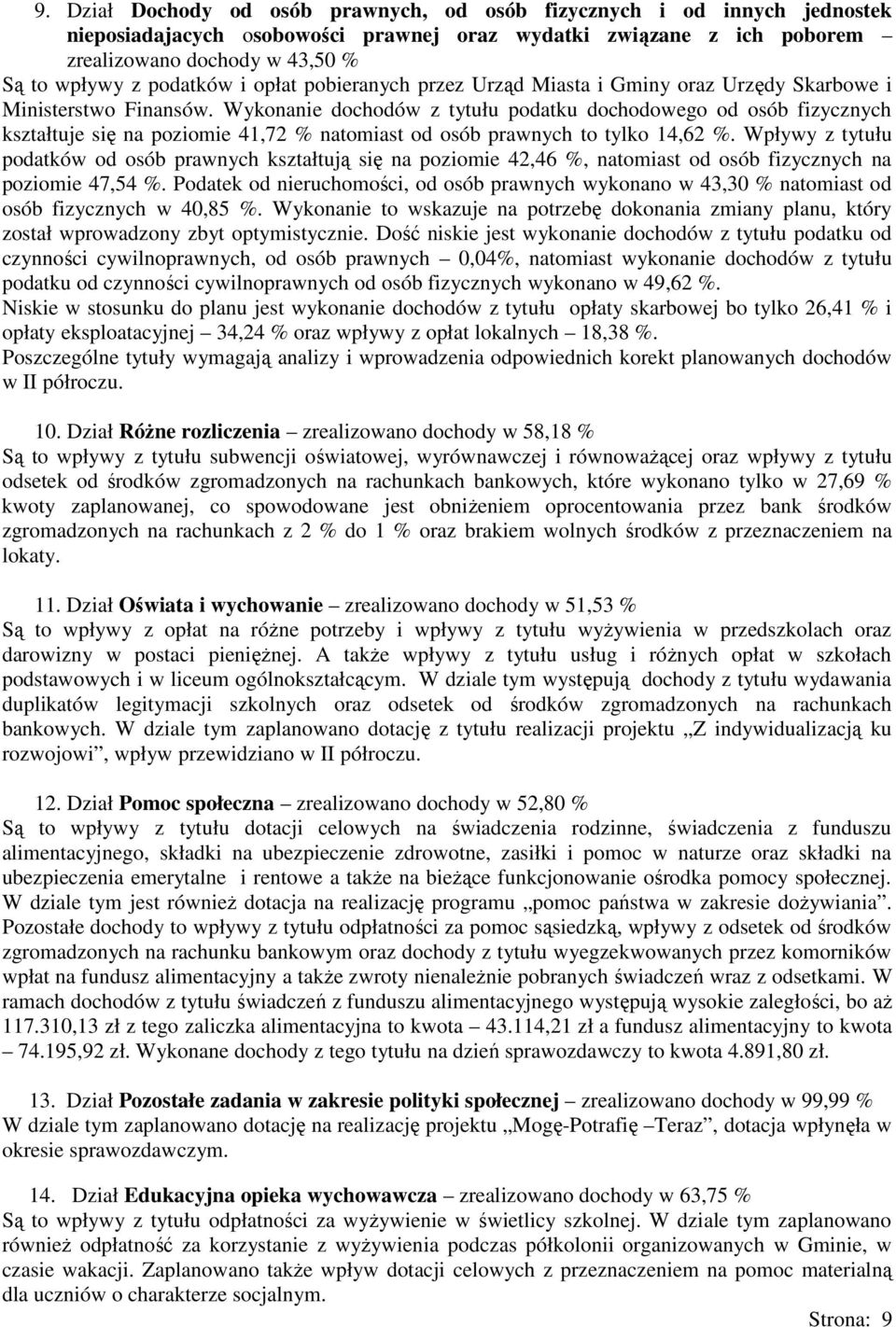 Wykonanie dochodów z tytułu podatku dochodowego od osób fizycznych kształtuje się na poziomie 41,72 % natomiast od osób prawnych to tylko 14,62 %.