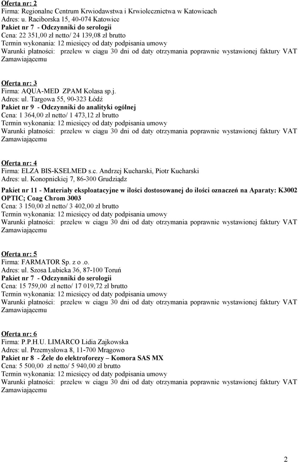 Targowa 55, 90-323 Łódź Pakiet nr 9 - Odczynniki do analityki ogólnej Cena: 1 364,00 zł netto/ 1 473,12 zł brutto Oferta nr: 4 Firma: ELZA BIS-KSELMED s.c. Andrzej Kucharski, Piotr Kucharski Adres: ul.