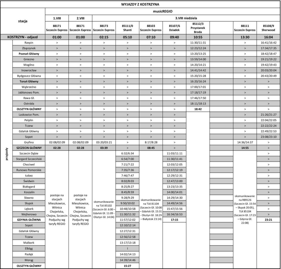 > > > > > > 11:30/11:31 > 16:41/16:42 Zbąszynek > > > > > > 12:23/12:24 > 17:34/17:35 Poznań Główny > > > > > > 13:20/13:25 > 18:42/18:47 Gniezno > > > > > > 13:59/14:00 > 19:21/19:22 Mogilno > > > >