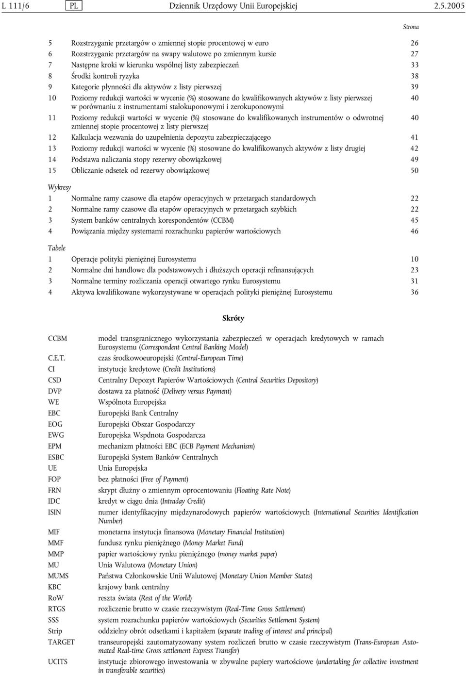 zabezpieczeń 33 8 Środki kontroli ryzyka 38 9 Kategorie płynności dla aktywów z listy pierwszej 39 10 Poziomy redukcji wartości w wycenie (%) stosowane do kwalifikowanych aktywów z listy pierwszej 40