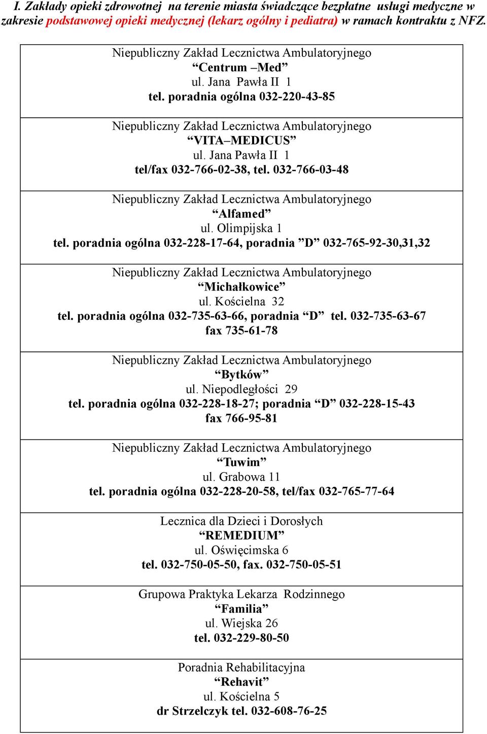Kościelna 32 tel. poradnia ogólna 032-735-63-66, poradnia D tel. 032-735-63-67 fax 735-61-78 Bytków ul. Niepodległości 29 tel.