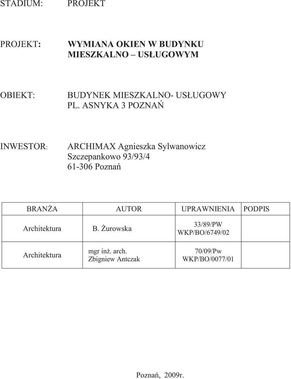 ASNYKA 3 POZNA INWESTOR: ARCHIMAX Agnieszka Sylwanowicz Szczepankowo 93/93/4 61-306 Pozna