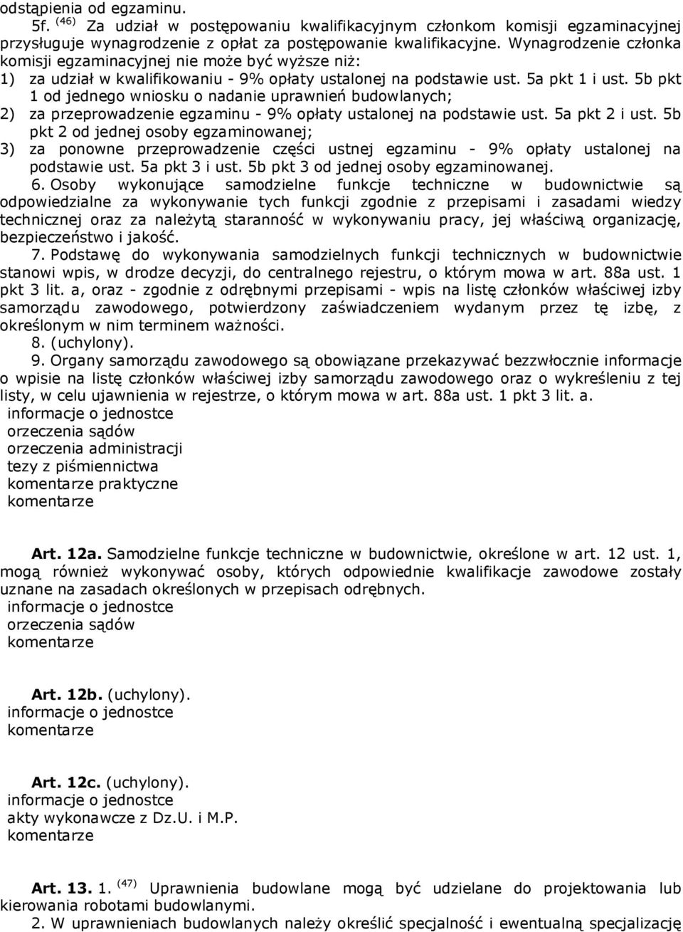 5b pkt 1 od jednego wniosku o nadanie uprawnień budowlanych; 2) za przeprowadzenie egzaminu - 9% opłaty ustalonej na podstawie ust. 5a pkt 2 i ust.