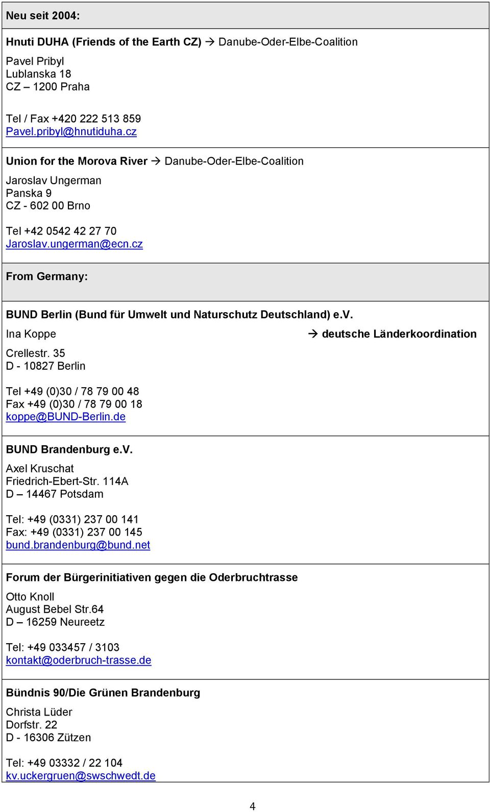 cz From Germany: BUND Berlin (Bund für Umwelt und Naturschutz Deutschland) e.v. Ina Koppe Crellestr. 35 D - 10827 Berlin Tel +49 (0)30 / 78 79 00 48 Fax +49 (0)30 / 78 79 00 18 koppe@bund-berlin.