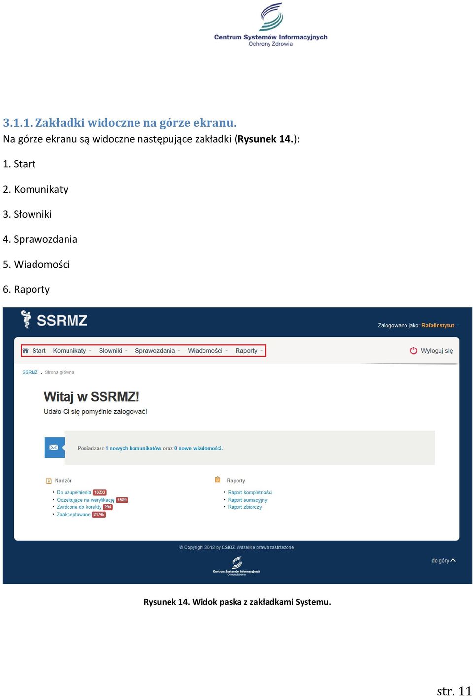 14.): 1. Start 2. Komunikaty 3. Słowniki 4. Sprawozdania 5.