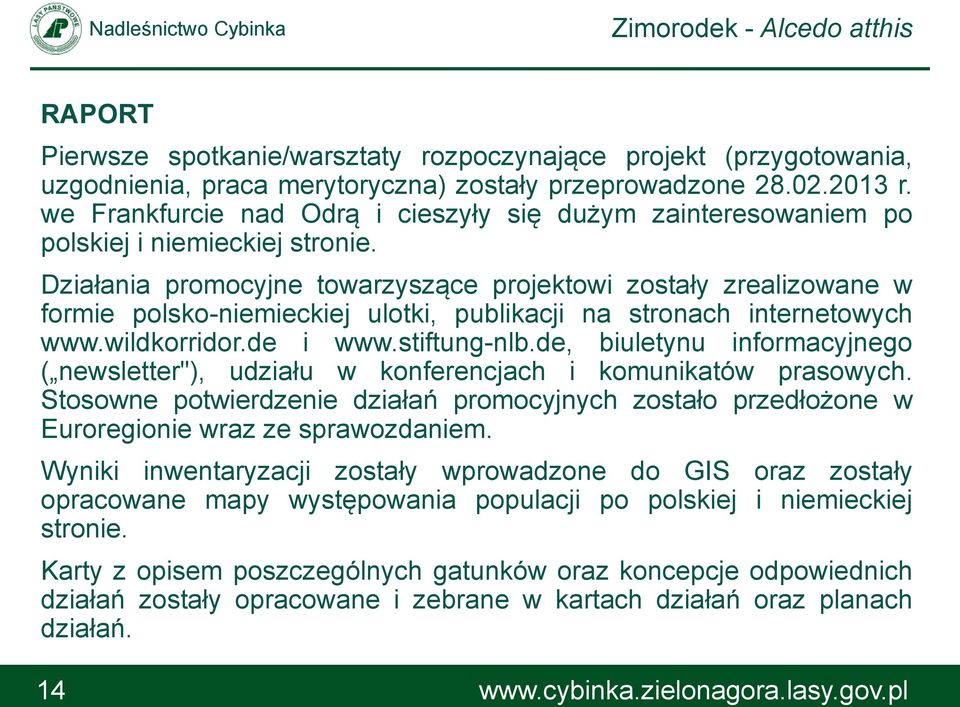 Działania promocyjne towarzyszące projektowi zostały zrealizowane w formie polsko-niemieckiej ulotki, publikacji na stronach internetowych www.wildkorridor.de i www.stiftung-nlb.