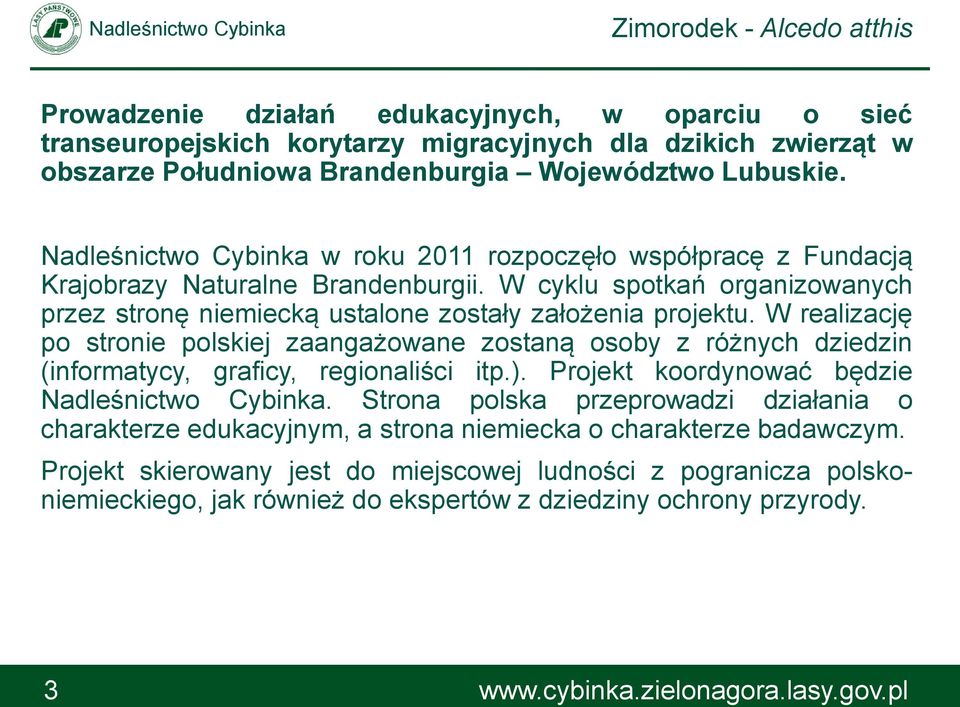 W realizację po stronie polskiej zaangażowane zostaną osoby z różnych dziedzin (informatycy, graficy, regionaliści itp.). Projekt koordynować będzie Nadleśnictwo Cybinka.