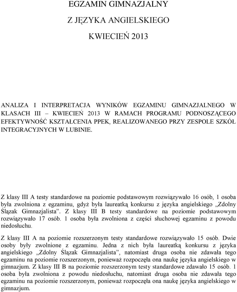 Z klasy III A testy standardowe na poziomie podstawowym rozwiązywało 16 osób, 1 osoba była zwolniona z egzaminu, gdyż była laureatką konkursu z języka angielskiego Zdolny Ślązak Gimnazjalista.