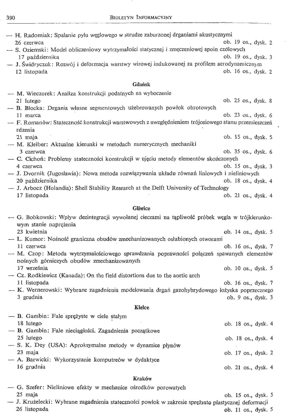 Wieczorek: Analiza konstrukcji podatnych na wyboczenie lutego ob. 5 os., dysk. 8 E. Bł ocka: D rgania wł asne segmentowych uż ebrowanych powł ok obrotowych marca ob. os., dysk. 6 F.