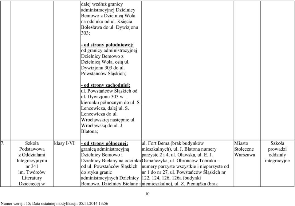 Dywizjonu 303 w kierunku północnym do ul. S. Lencewicza, dalej ul. S. Lencewicza do ul. Wrocławskiej następnie ul. Wrocławską do ul. J. Blatona; 7. Podstawowa z Oddziałami Integracyjnymi nr 341 im.