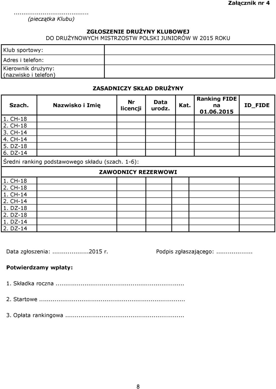 DZ-14 Nazwisko i Imię Nr licencji Data urodz. Kat. Ranking FIDE na 01.06.2015 ID_FIDE Średni ranking podstawowego składu (szach. 1-6): 1. CH-18 2. CH-18 1.