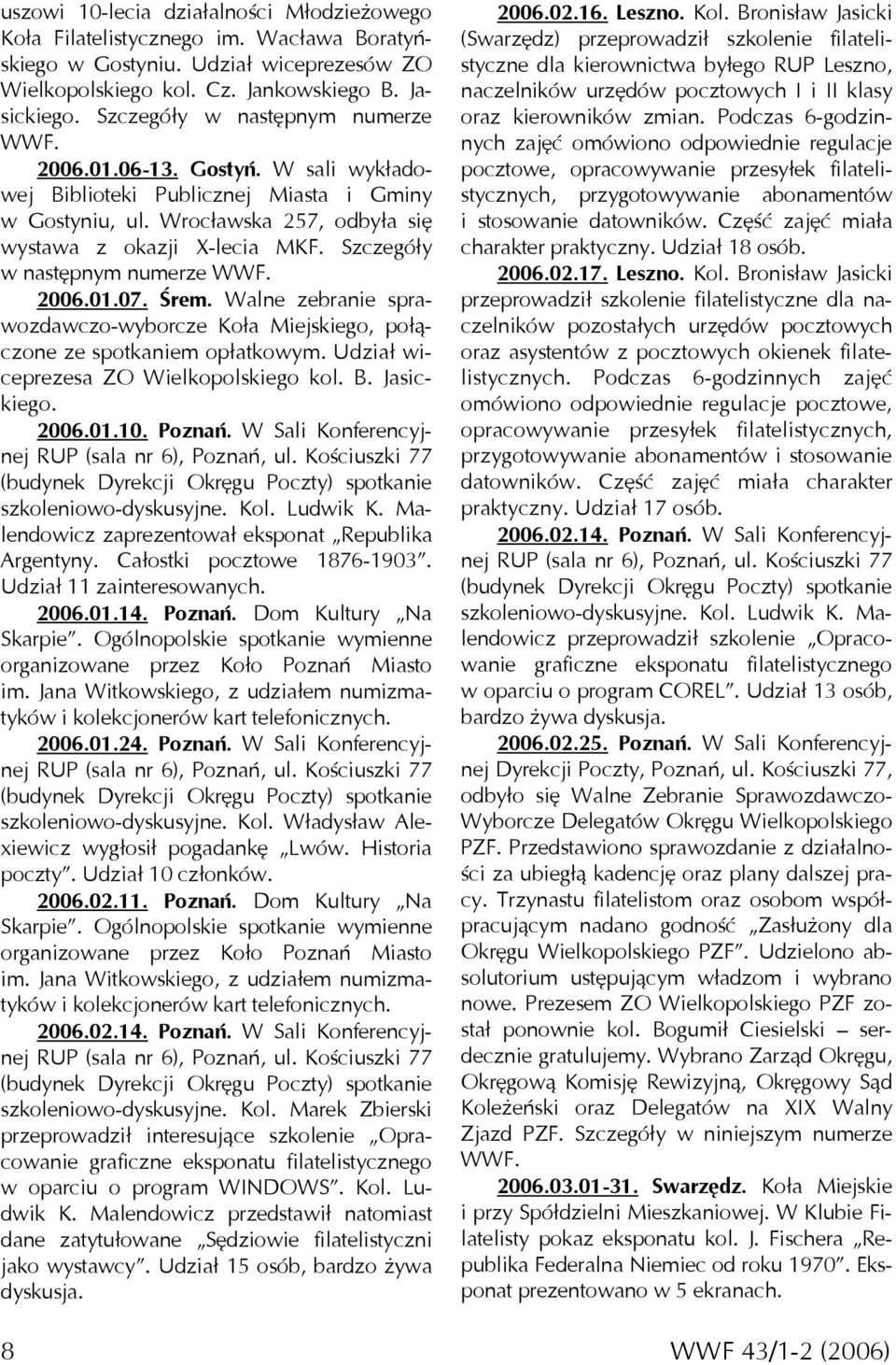 Szczegóły w następnym numerze WWF. 2006.01.07. Śrem. Walne zebranie sprawozdawczo-wyborcze Koła Miejskiego, połączone ze spotkaniem opłatkowym. Udział wiceprezesa ZO Wielkopolskiego kol. B.
