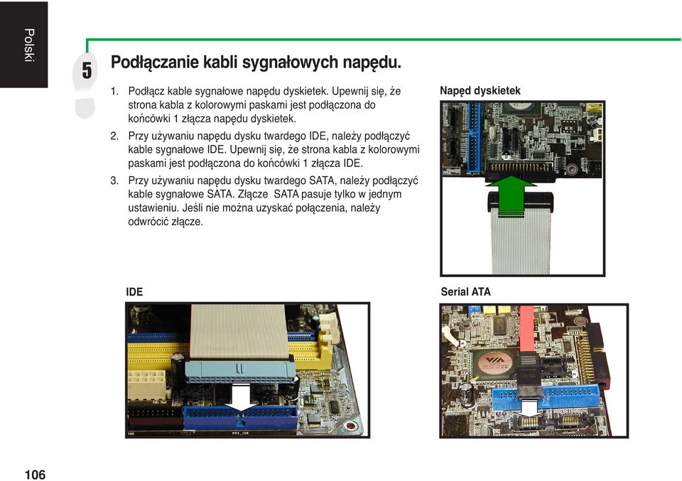 Przy używaniu napędu dysku twardego IDE, należy podłączyć kable sygnałowe IDE.