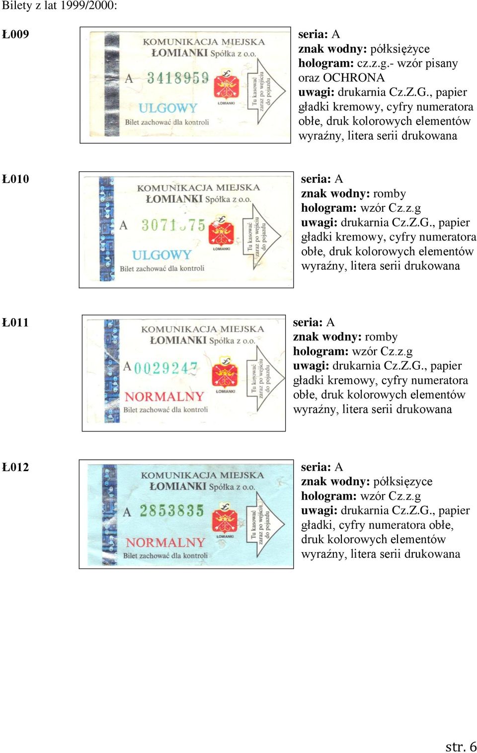 , papier gładki kremowy, cyfry numeratora obłe, druk kolorowych elementów wyraźny, litera serii drukowana Ł011 seria: A znak wodny: romby hologram: wzór Cz.z.g uwagi: drukarnia Cz.Z.G.