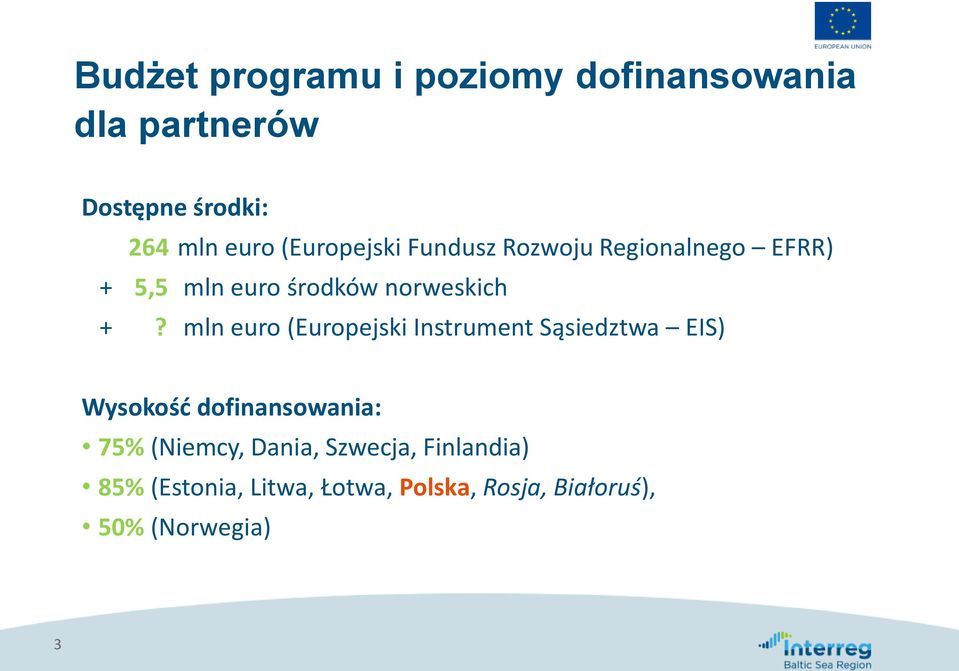 mln euro (Europejski Instrument Sąsiedztwa EIS) Wysokość dofinansowania: 75% (Niemcy,
