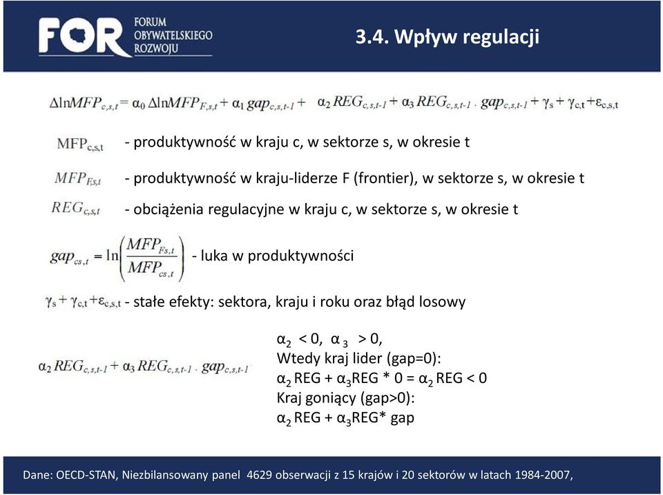 sektora, kraju i roku oraz błąd losowy α 2 < 0, α 3 > 0, Wtedy kraj lider (gap=0): α 2 REG + α 3 REG * 0 = α 2 REG < 0 Kraj