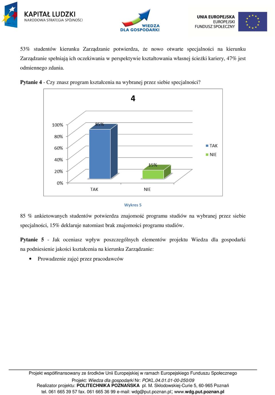 Wykres 5 85 % ankietowanych studentów potwierdza znajomość programu studiów na wybranej przez siebie specjalności, 15% deklaruje natomiast brak znajomości