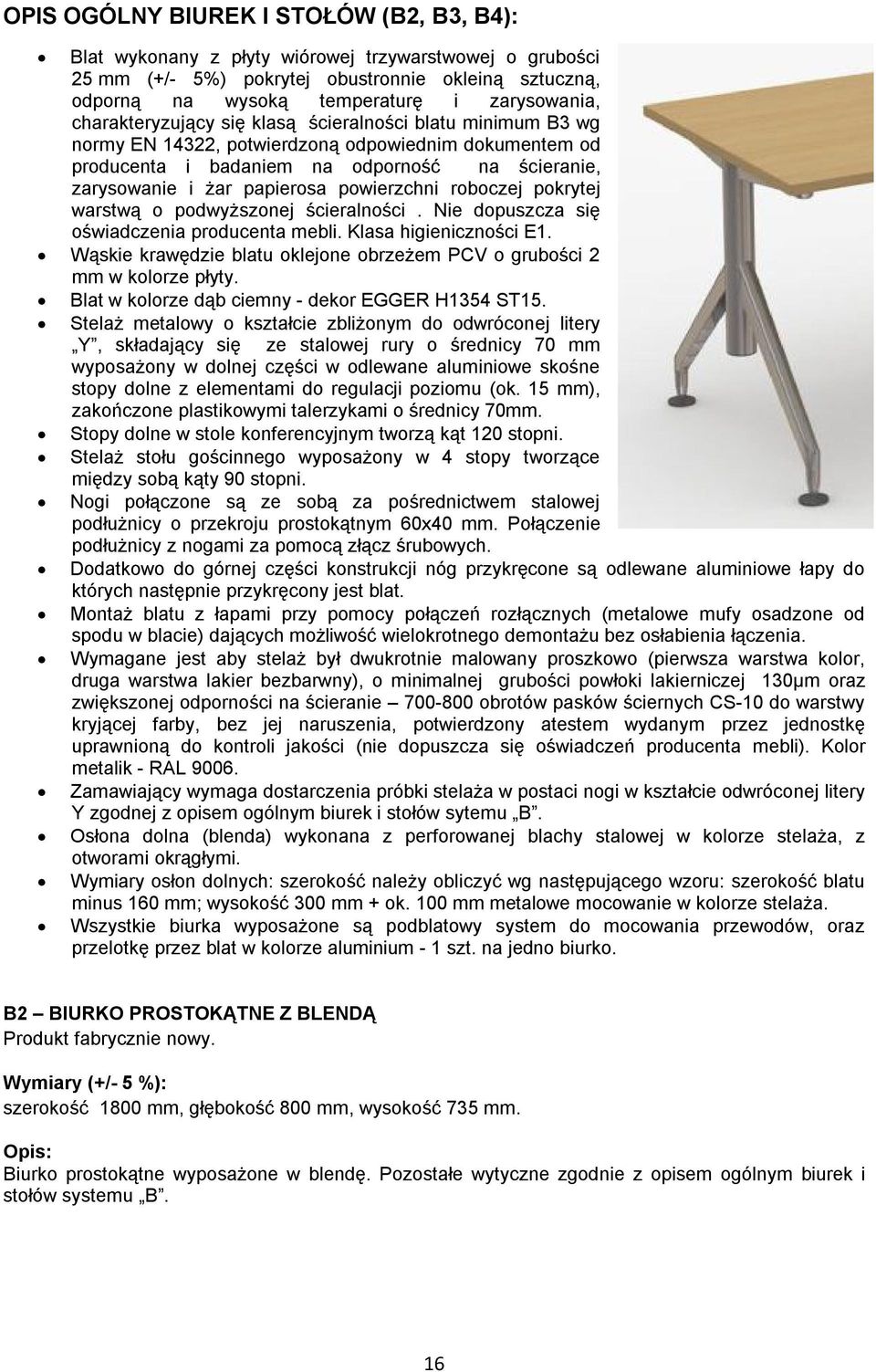 powierzchni roboczej pokrytej warstwą o podwyższonej ścieralności. Nie dopuszcza się oświadczenia producenta mebli. Klasa higieniczności E1.