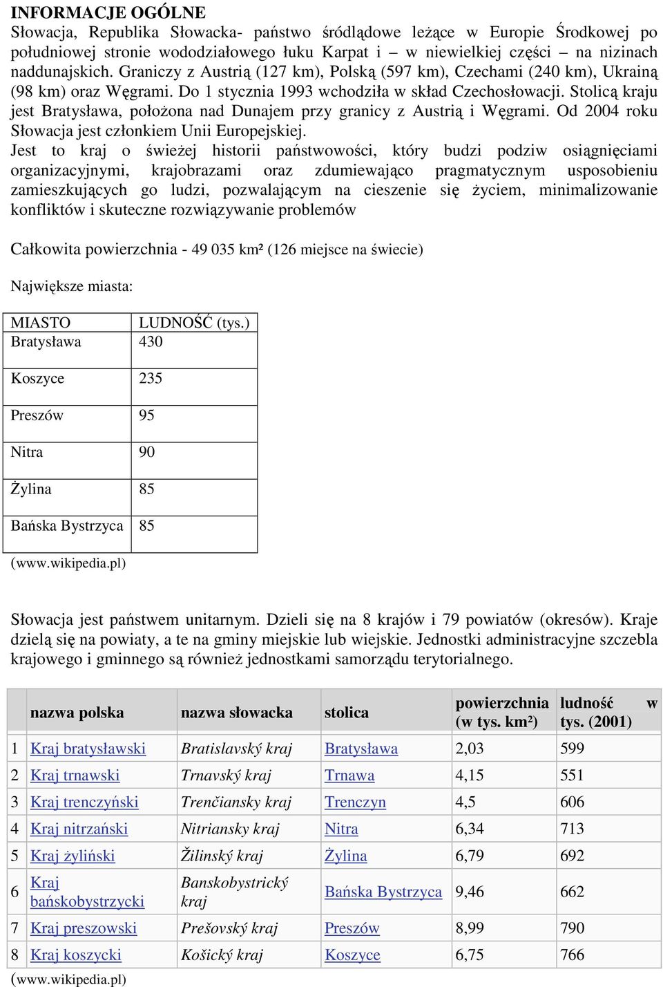 Stolicą kraju jest Bratysława, połoŝona nad Dunajem przy granicy z Austrią i Węgrami. Od 2004 roku Słowacja jest członkiem Unii Europejskiej.